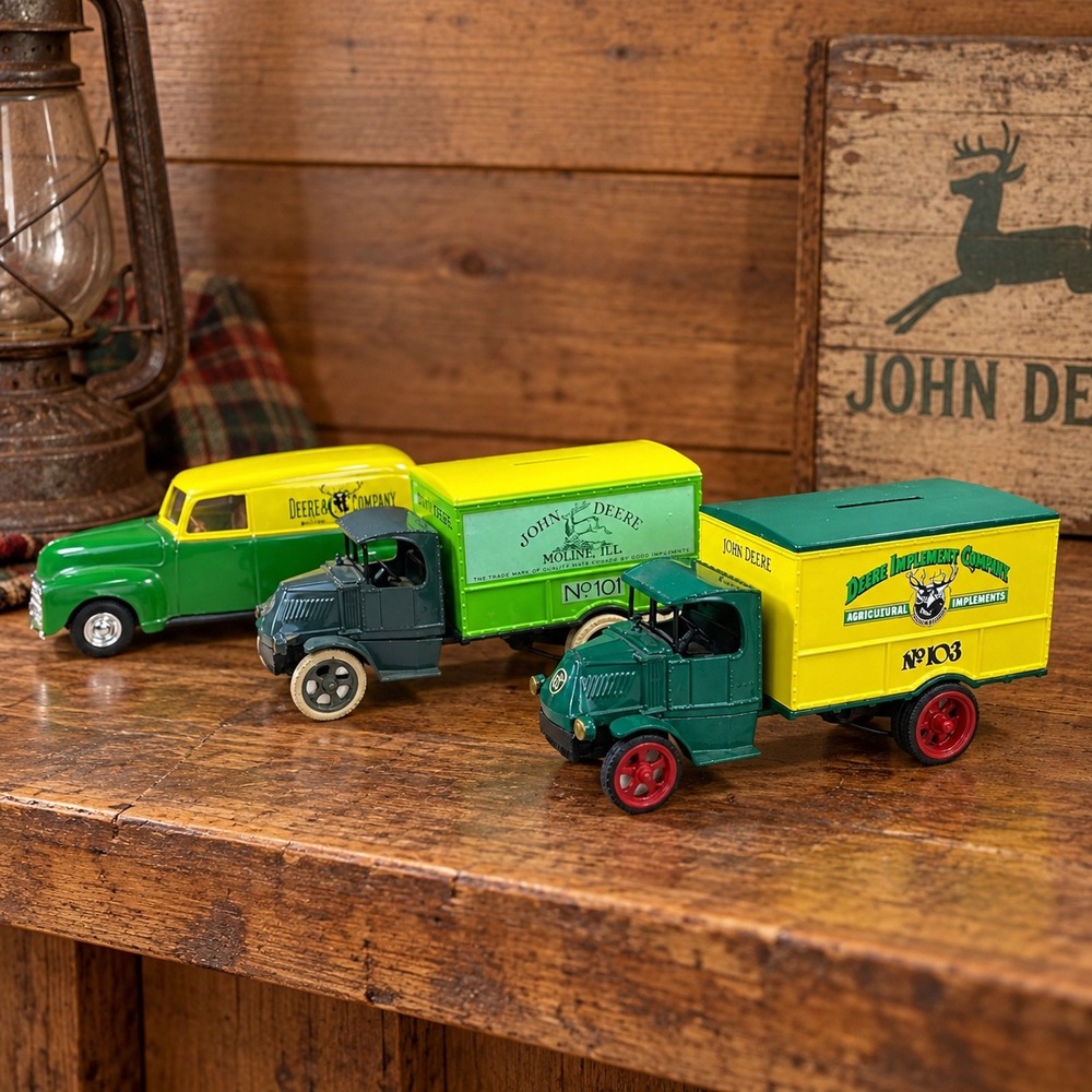 John Deere Ertl Truck Banks Set of 3 Diecast Coin Banks with Keys Vintage READ